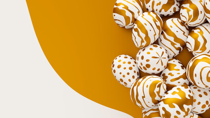 Bunch of easter eggs with golden ornament on ornate background. 3d render illustration
