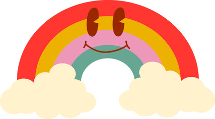 Retro rainbow hippie art with clouds on the white isolated background. 