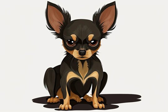 Adorable small chihuahua with short hair and huge ears, isolated against a white backdrop. Black and brown chihuahua is a funny canine breed that lies, shakes, and cowers in fear. Generative AI