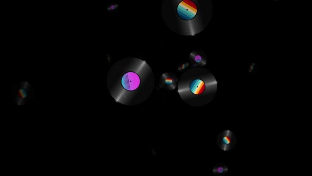 Flying many vinyl records on black background. Old technology. Retro design. 3D animation of music record rotating. Loop animation. Synthwave, vaporwave, retrowave music lp vinyl disc record