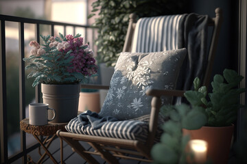 A cozy seating area on the balcony with a comfortable chair, table, candles and flower pots. AI generated