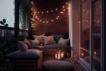 A cozy seating area on the balcony with a comfortable chair, table, candles and flower pots. AI generated - obrazy, fototapety, plakaty