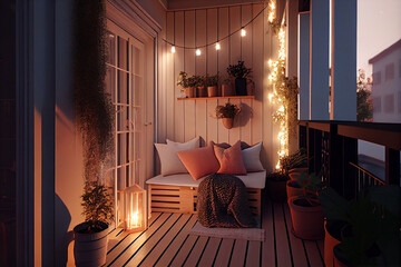 Cozy balcony with lots of flower pots and a place to relax and read. AI generated - obrazy, fototapety, plakaty