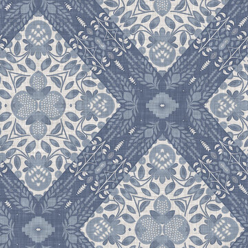 Farm House Blue Intricate Damask Seamless Pattern. Tonal French Country Cottage Style Background. Simple Rustic Fabric Textile For Shabby Chic Patchwork. 