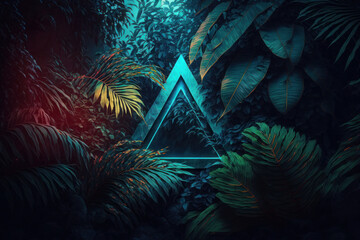 Creative fluorescent, neon color layout made of tropical leaves. nature concept. ai generative