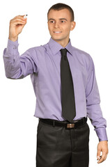 Portrait of handsome happy young man sitting with laptop with arms outstretched isolated on white