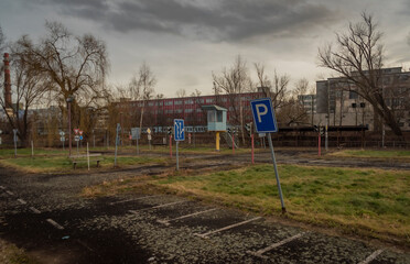 Fototapeta na wymiar Traffic playground with signs and small roads in Pisek town in evening
