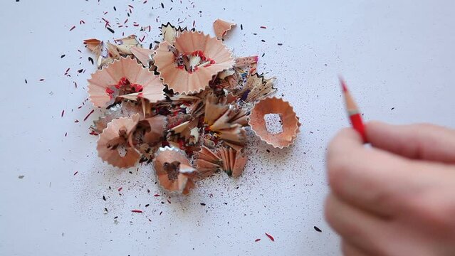 A small sharpened red pencil and shavings after sharpening lie on a white sheet of paper.