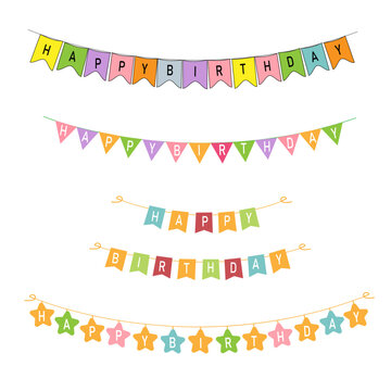 Cute festive garland of colorful flags with lettering happy birthday. Set of party decoration. Birthday vector illustrations.