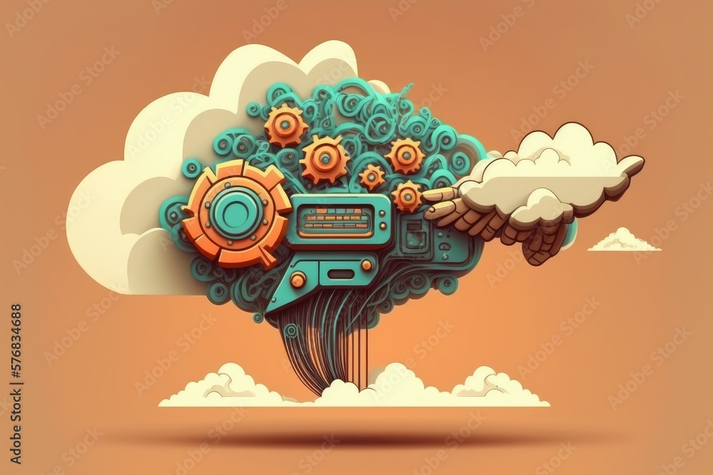 Poster the idea of cloud computing. a mechanical hand pressing a virtual button. generative ai