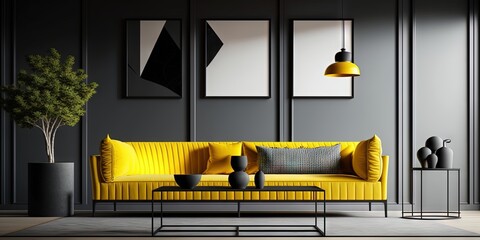 A contemporary black and yellow minimalist interior featuring a sofa, large frames, a coffee table, and decor, Generative AI