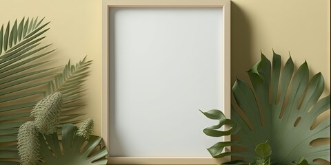 A blank canvas is displayed on a beige wall next to a vertical wooden post, Generative AI