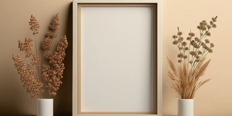 A blank canvas is displayed on a beige wall with a vertical wooden post, Generative AI