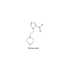 Nimorazole flat skeletal molecular structure Nitroimidazole derivative antibiotic drug used in trichomonas infection treatment. Vector illustration.