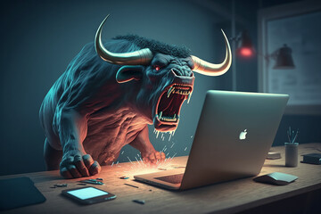 Angry Bull Trades with Computer in Stock and Crypto Markets - Generate AI