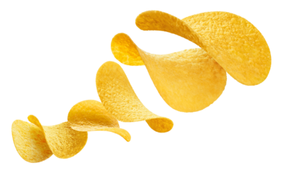 Flying delicious potato chips cut out