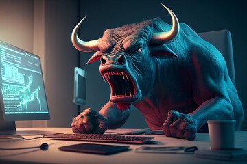 Angry Bull Trades with Computer in Stock and Crypto Markets - Generate AI