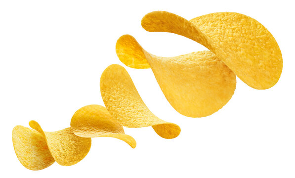 Flying delicious potato chips cut out