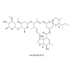 Ivermectin B1a flat skeletal molecular structure Avermectin anti parasitic drug used in Lice, scabies, river blindness, parasitic infection treatment. Vector illustration.