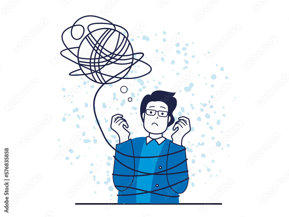 Poster mental health concept with character situation. sad man with confused thoughts tied with rope of neg