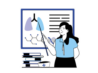 Medical concept with character situation. Doctor researcher points to lungs, diagnosis and learning human anatomy, working at clinic. Illustrations with people scene in flat design for web