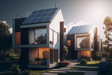 Sustainable Living: Solar Power on House Roof. Ai generative