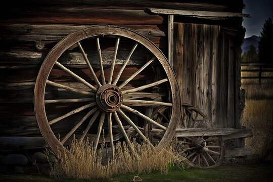 Rustic wagon wheel leaning against weathered building by generative AI