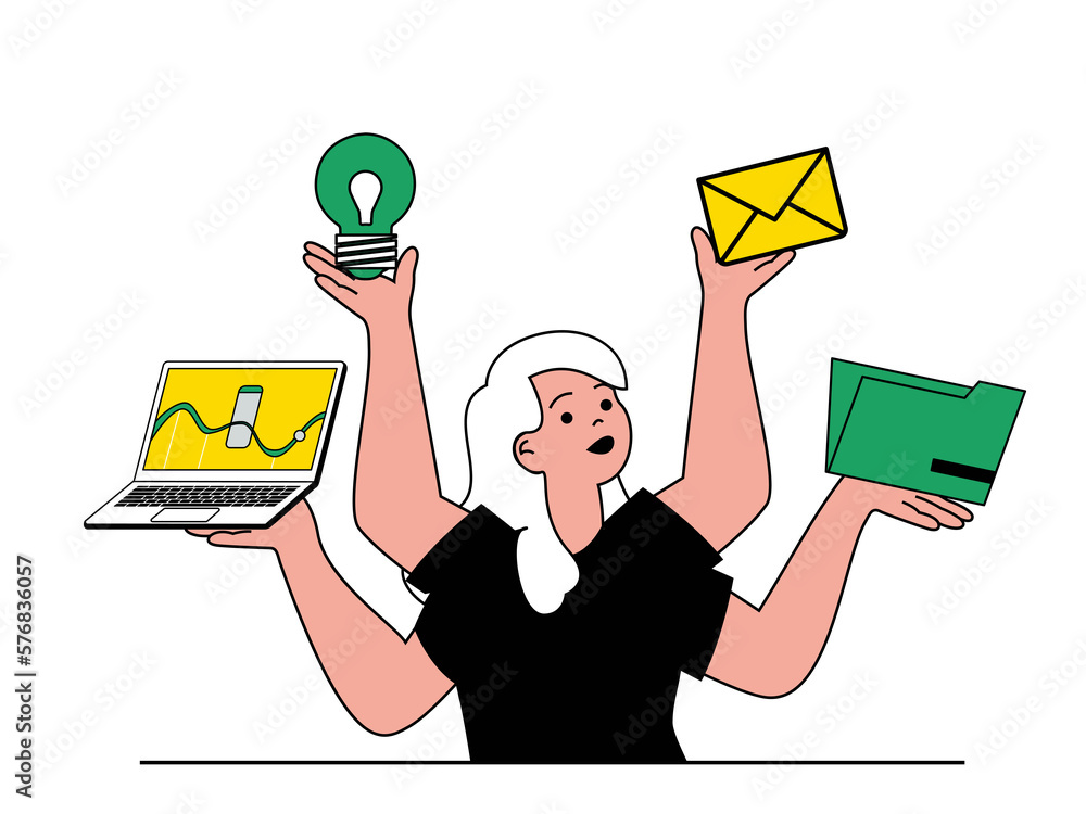 Poster productivity workplace concept with character situation. woman optimizes workflow and works efficien