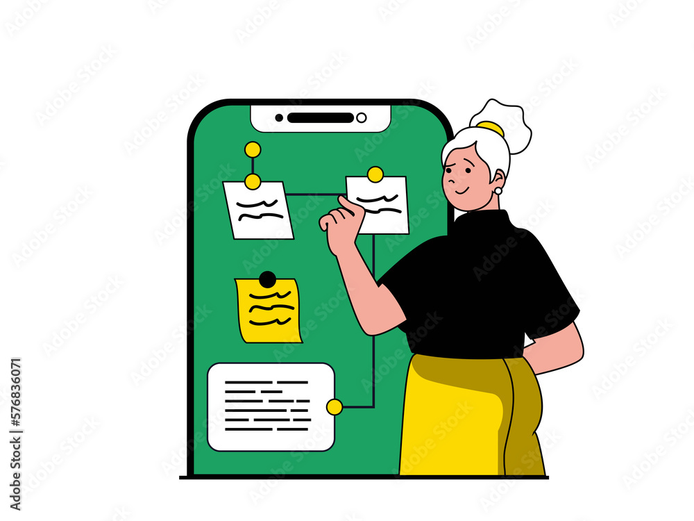 Poster productivity workplace concept with character situation. woman organizes workflow and processes, cre