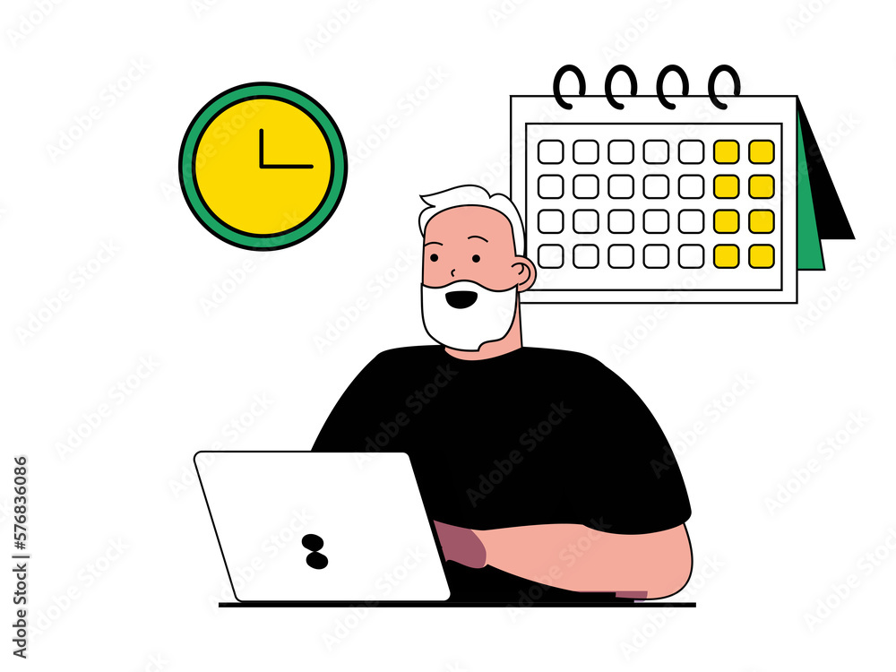 Poster productivity workplace concept with character situation. man plans daily tasks on calendar and worki