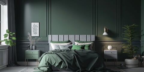 A home bedroom interior featuring a green bedroom with a gray bed on the wall, Generative AI
