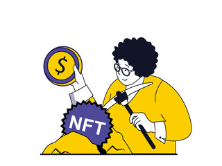 NFT token concept with character situation. Woman mining cryptocurrency and invests money in unique collection artworks in cyberspace. Illustrations with people scene in flat design for web