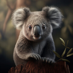 Obraz premium Australian koala in its natural habitat, brown trees and greenery surrounding the koala.