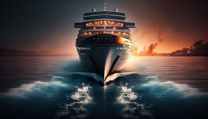 Cruise ship liner goes the blue sea leaving, is seen in front of big waves on sea. Concept of sea travel, cruises, vacation, tourism, vacation time. generative ai
