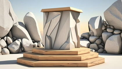3D wooden podium on soft stones background for outdoor. 3D large podium. 3D Realistic Illustration. Based on Generative AI