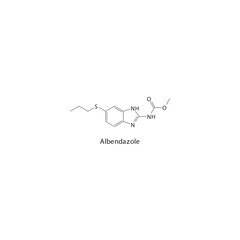Albendazole  flat skeletal molecular structure Anthelmintic agent drug used in worm infection treatment. Vector illustration.