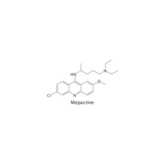 Mepacrine flat skeletal molecular structure Anthelmintic agent drug used in worm infection, leishmaniasis treatment. Vector illustration.