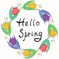 illustration of an background greeting card with spring flowers tulips,yellow,pink,purple,happy spring,hello spring,spring flowers,daisies,frame of spring flowers tulips,summer greeting card,summer ba