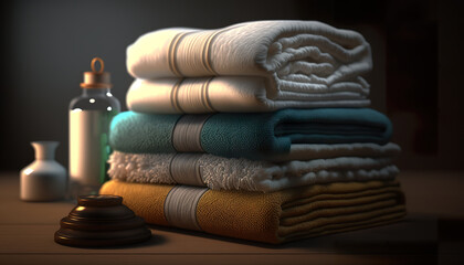 Obraz na płótnie Canvas A stack of towels and a bottle of lotion on a table. Bath items arrangement with towels and bottle. 3D Realistic Illustration. Based on Generative AI