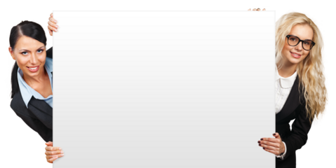 Two businesswomen holding blank sign board isolated on white