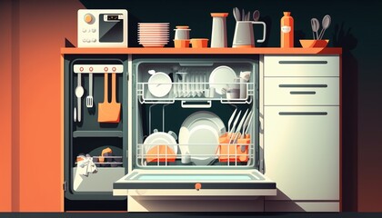 Open loaded dish washer in kitchen illustration