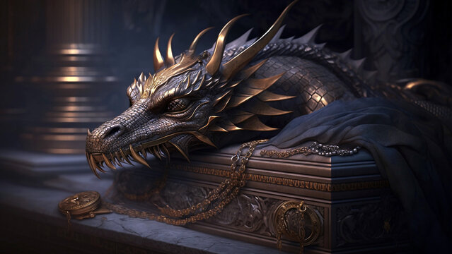3d dark evil dragon is sleeping next to the vault full of treasure and golden coins, game scene design.