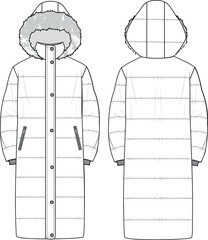 Unisex Hooded Duvet Puffer. Technical fashion illustration. Front and back, white color. Unisex CAD mock-up. © DERYA