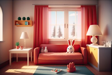 Updated, simple room with lots of natural light and Easter trimmings. Generative AI