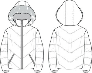 Unisex Hooded Puffer. Technical fashion illustration. Front and back, white color. Unisex CAD mock-up. © DERYA