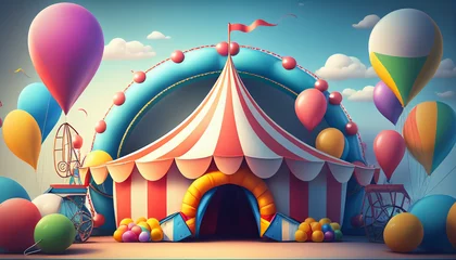 Foto op Plexiglas Colorful cartoon style carnival amusement park and funfair background, Generative AI © drizzlingstarsstudio