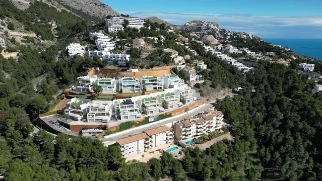 Aerial footage of the beautiful city of Altea Hills nestled in the mountains.Altea, Alicante, Spain.Villas on Costa Blanca