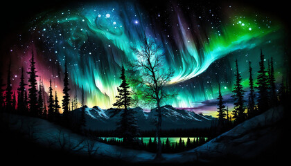 fantasy forest with aurora northern lights