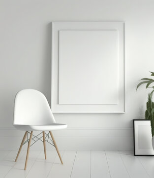 Composition of workplace with white frame, plant vase and white chair. 3D Realistic Illustration. Based on Generative AI