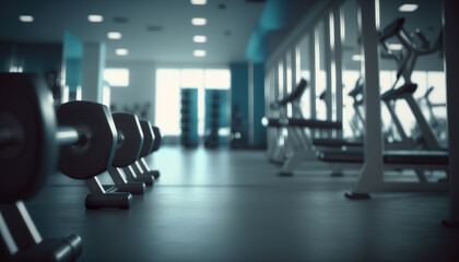 Defocused gym interior, physical exercise area background. 3D Realistic Illustration. Based on Generative AI
